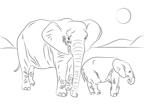 African Elephant Family  Coloring Page